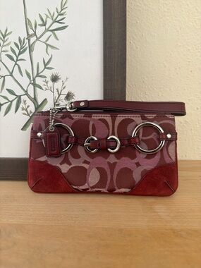 Coach Signature Wristlet in Burgundy and Pink with Silver Hardware